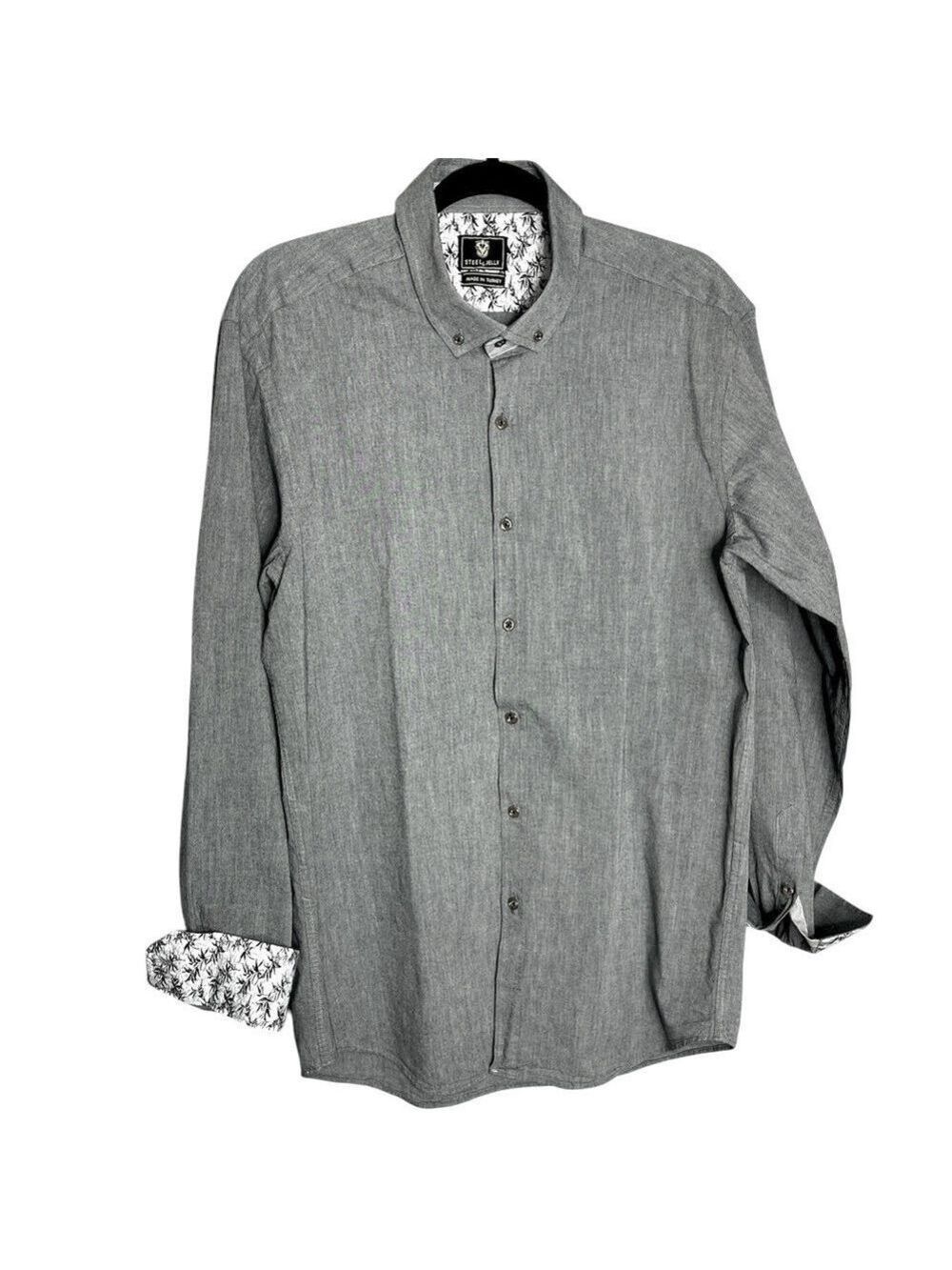 Steel & Jelly Grey Contrasting Cuff Button Down Long Sleeve Dress Shirt, L